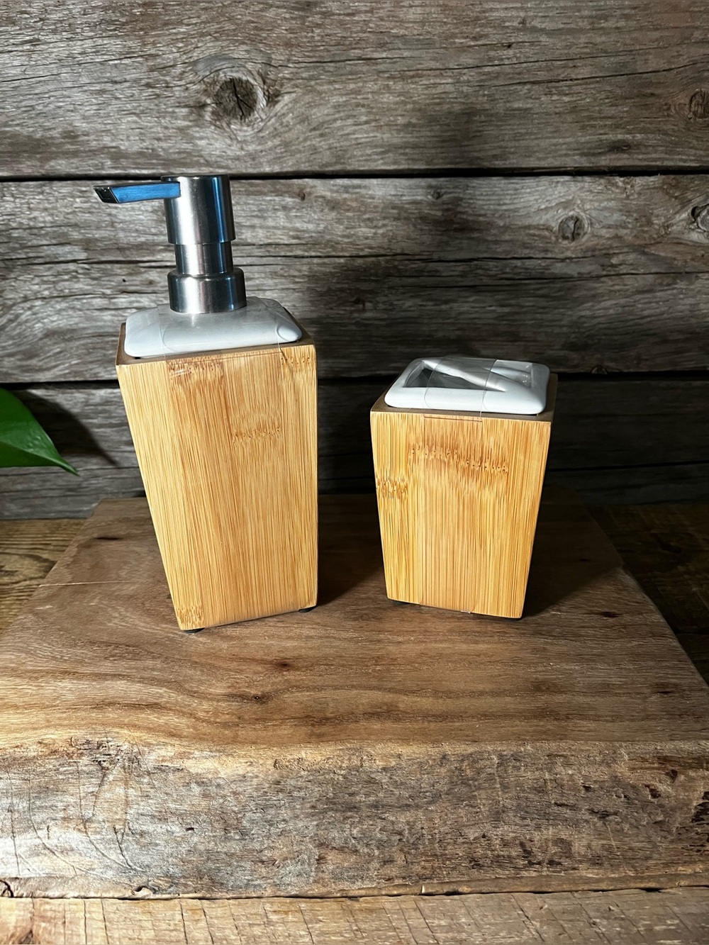NEW Bamboo & Porcelain Soap and Toothbrush Set for Bathroom - Nice Clean Lines